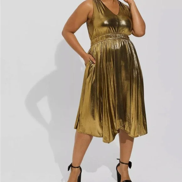 Torrid Gold and Black Midi Sundress V-Neck Cocktail - Picture 3 of 7